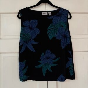 Chico's‎ Travelers Size 3 Black Tank Top Blue Floral Leaf Botanical Chicos XL